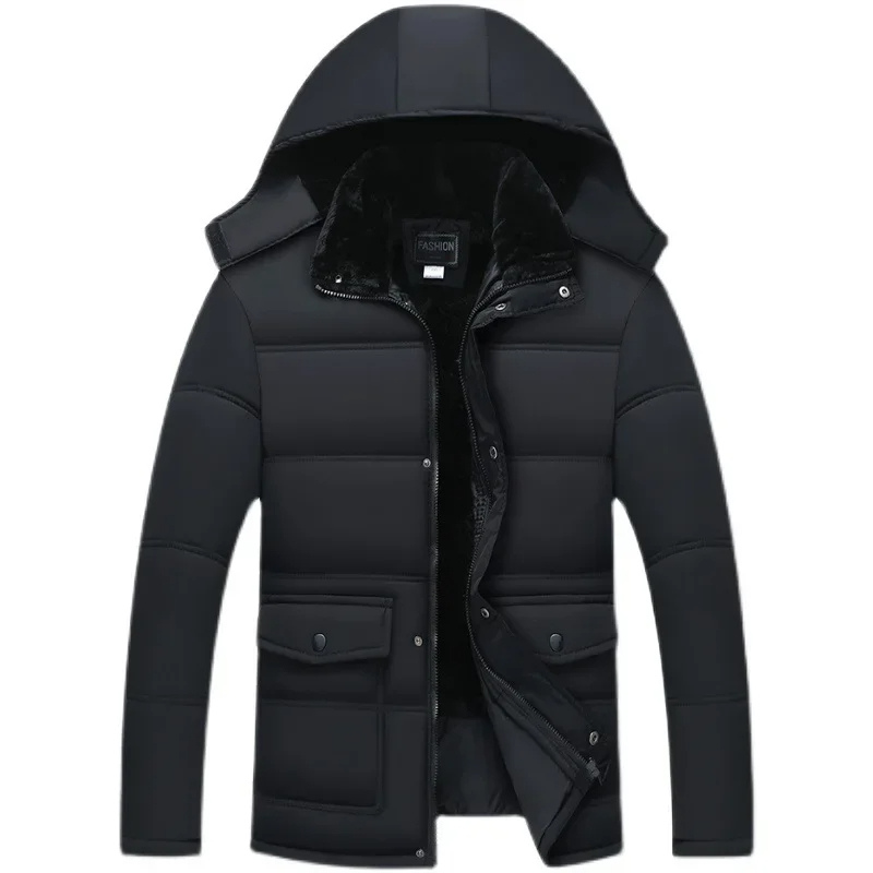 Men's winter jacket with hood, quilted and fleece lined - Black winter jacket for cold days