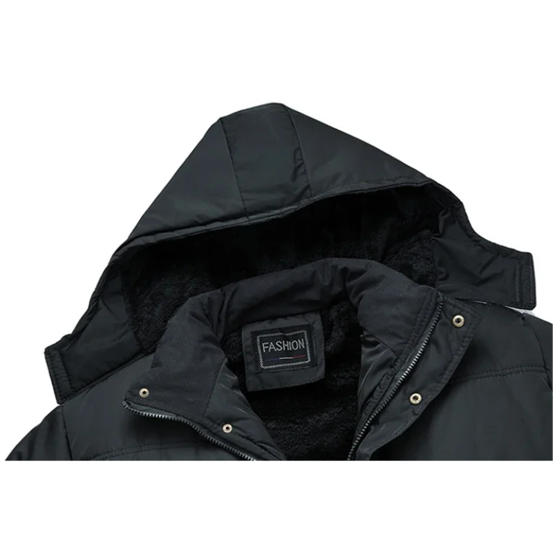 Men's winter jacket with hood, quilted and fleece lined - Black winter jacket for cold days