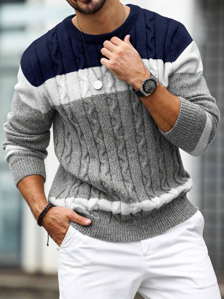 Colorblock Crew Neck Long Sleeve Loose Casual Knitted Sweater