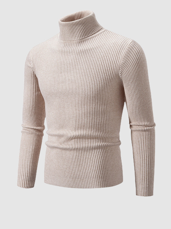 Men's Solid Color Striped Textured Turtleneck Sweater