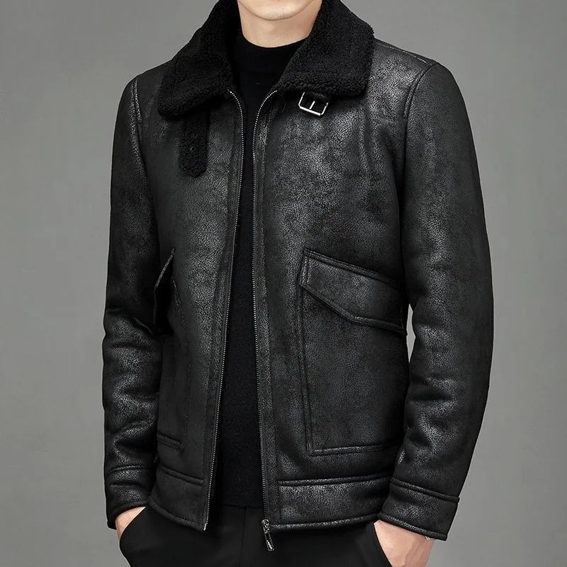 Brown leather jacket for men with faux fur and wrap collar - stylish and warm outerwear for autumn and winter