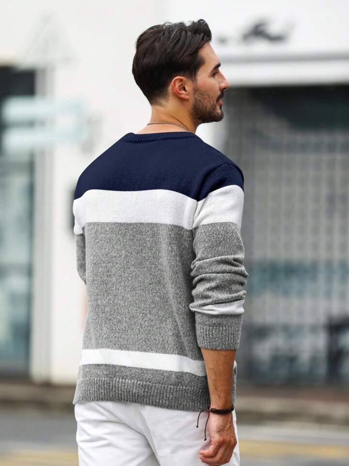 Colorblock Crew Neck Long Sleeve Loose Casual Knitted Sweater