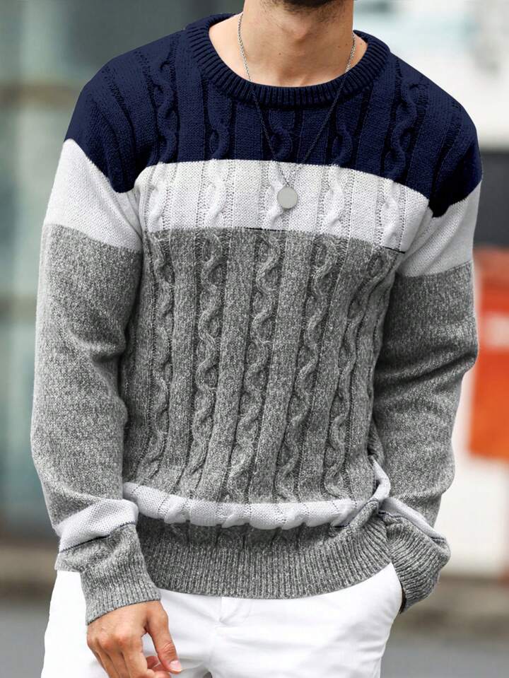 Colorblock Crew Neck Long Sleeve Loose Casual Knitted Sweater