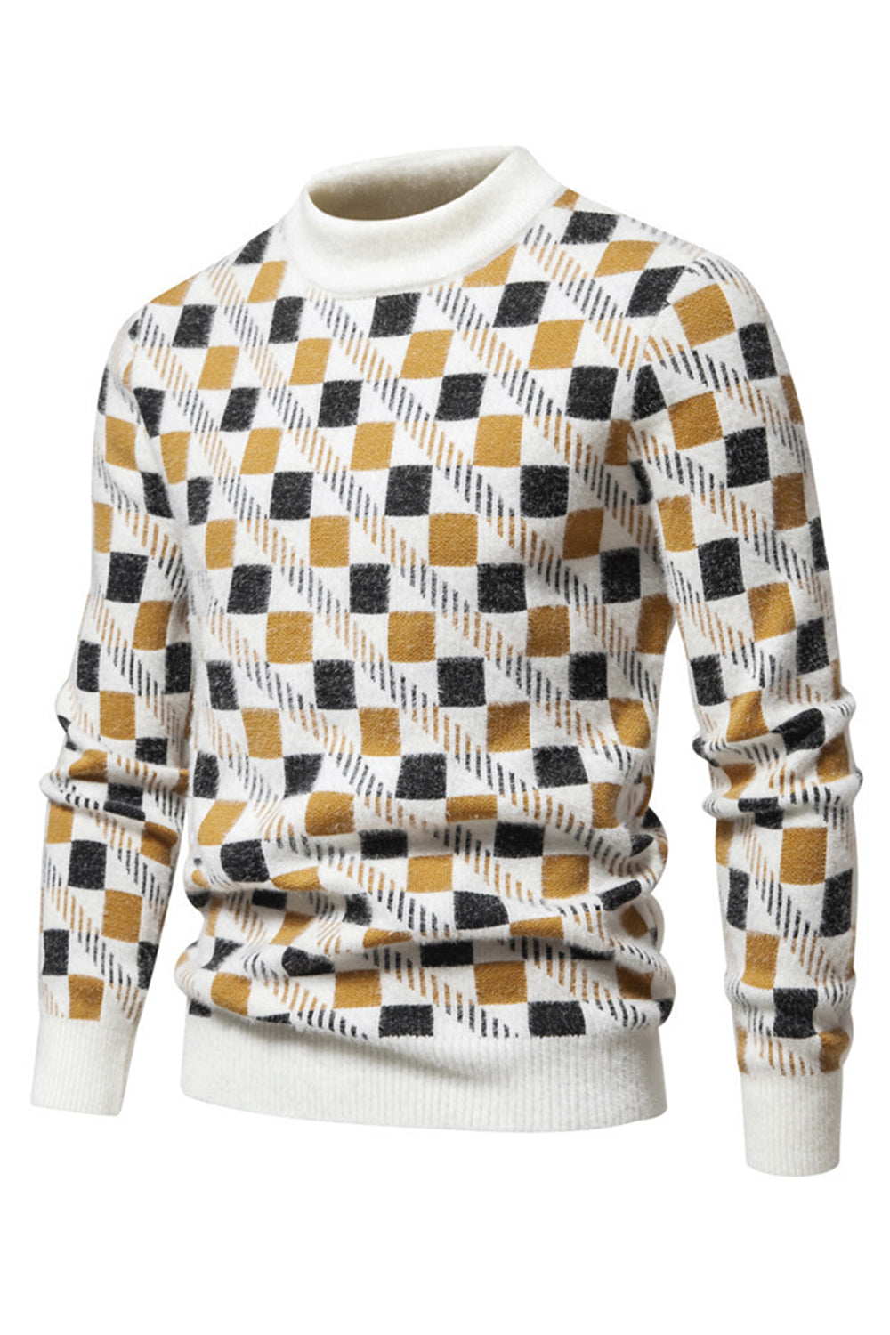 White knitted sweater with round neck and print for men