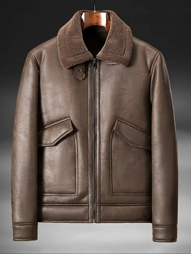 Brown leather jacket for men with faux fur and wrap collar - stylish and warm outerwear for autumn and winter