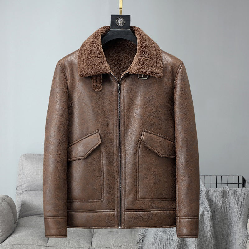 Brown leather jacket for men with faux fur and wrap collar - stylish and warm outerwear for autumn and winter