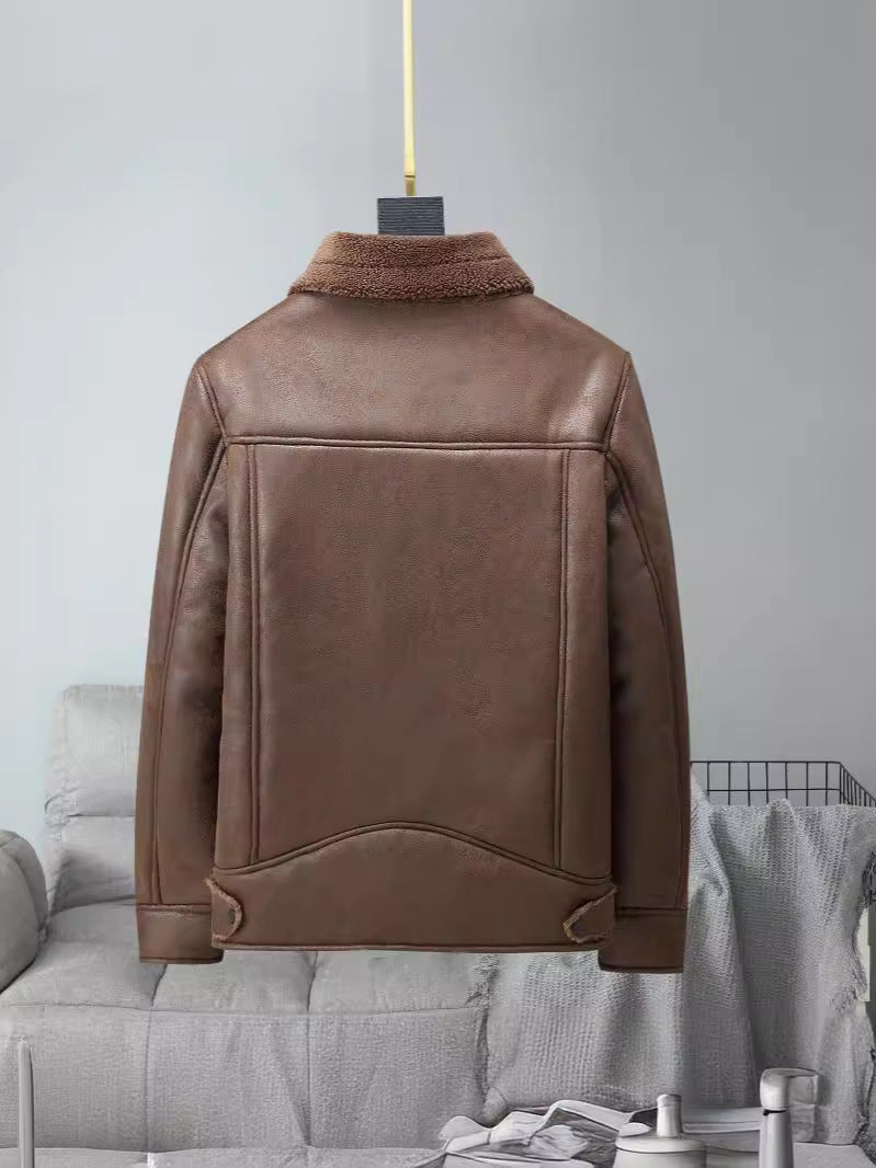 Brown leather jacket for men with faux fur and wrap collar - stylish and warm outerwear for autumn and winter