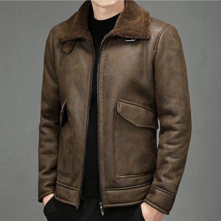 Brown leather jacket for men with faux fur and wrap collar - stylish and warm outerwear for autumn and winter